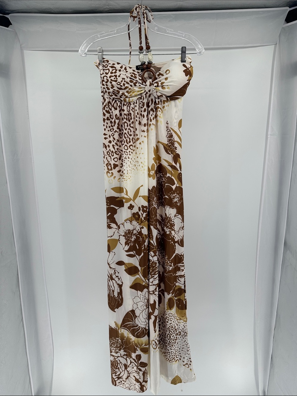 Brown & Cream Floral Halter Maxi Dress
